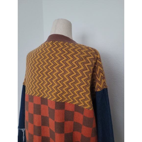 Ces Femme Knit Patchwork Denim Sleeve Oversized Cardigan Sz S Artsy Retro Boho - Picture 4 of 8